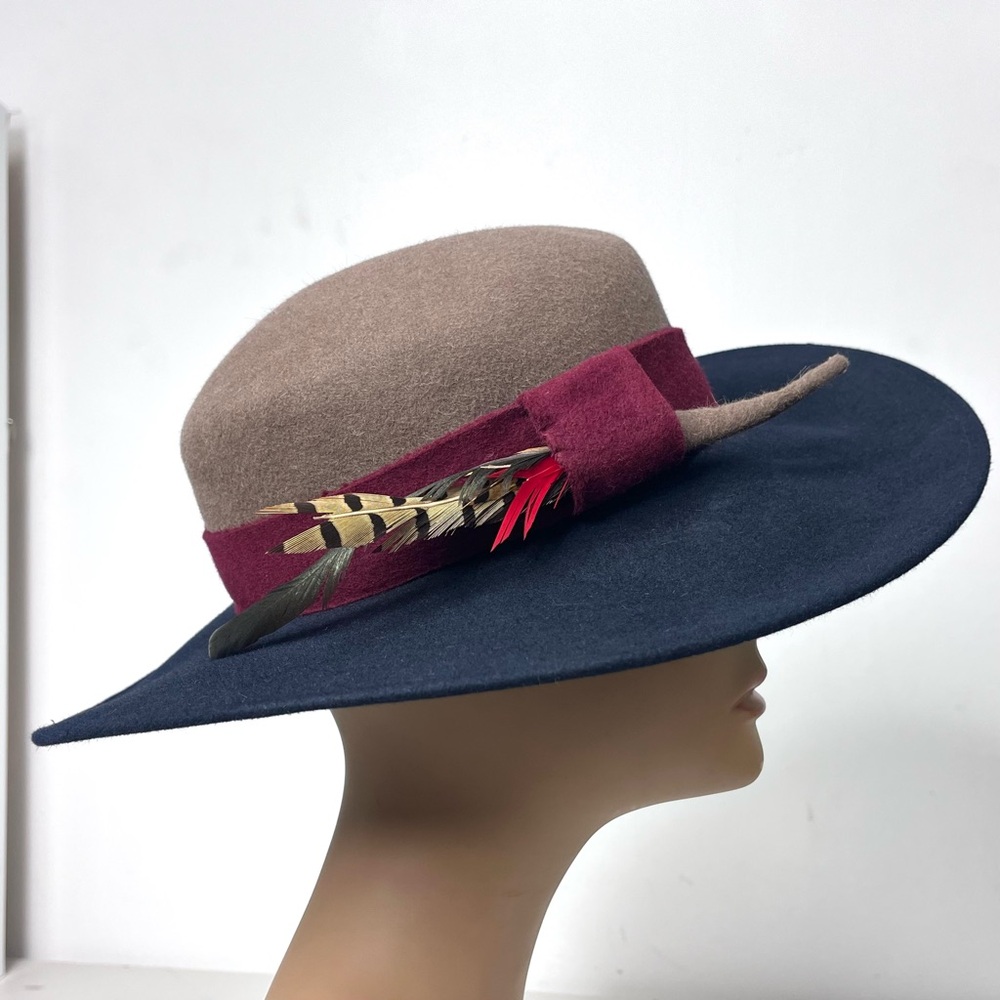 Frank Olive Private Collection Wide-Brim Two-Tone Fedora Feather Felt Hat - Picture 5 of 15